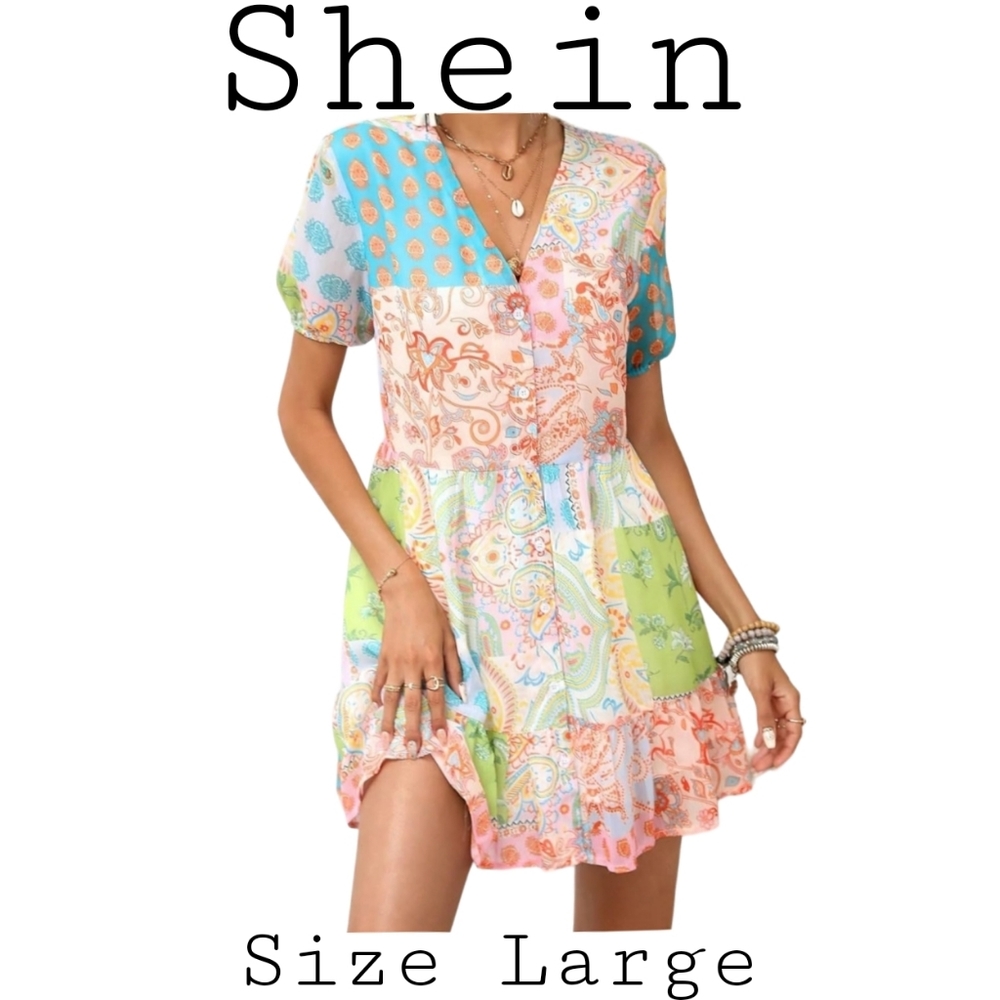 Shein Patchwork Button Down Ruffle Dress